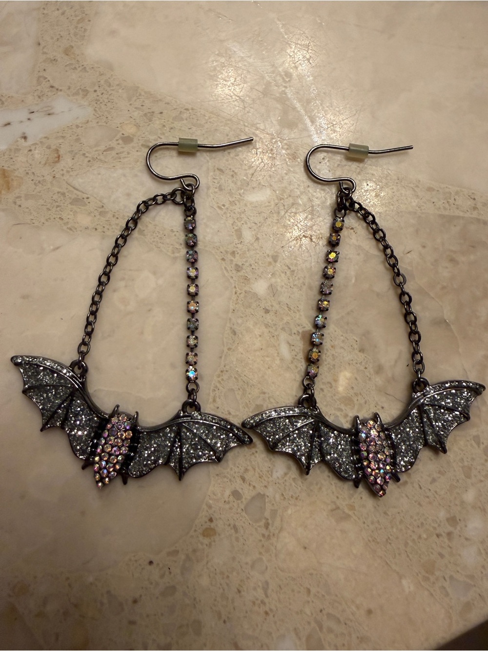 Betsey Johnson Gunmetal Bat Drop Earrings with Iridescent Crystals